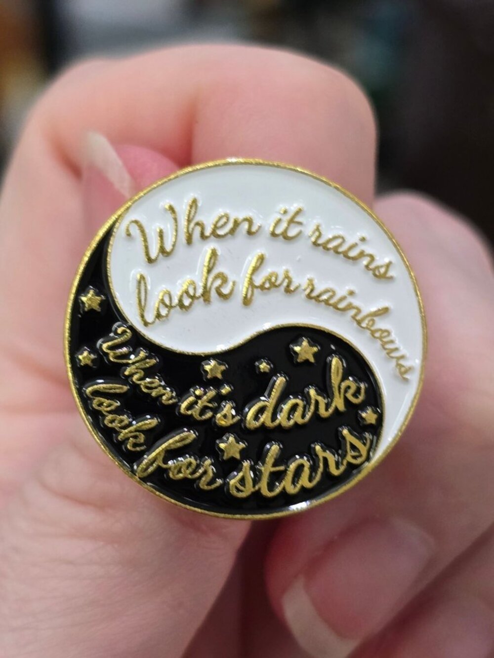 Yin Yang ✦ Celestial Quote Enamel Pin ✦ Black White Gold Stars Positive Gothic